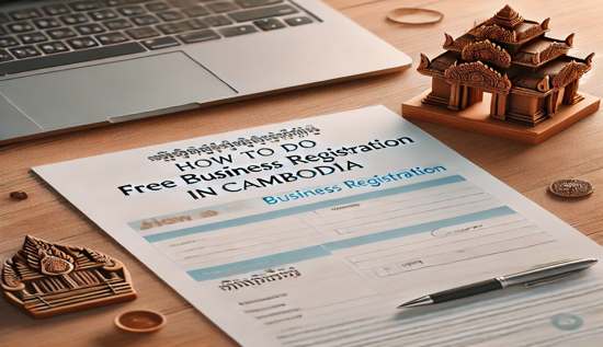 Steps to register a business for free in Cambodia, showing a business registration form on a desk with a pen and laptop.