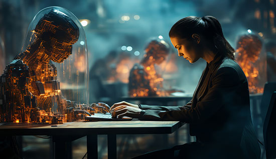 A professional AI researcher working on machine learning models in a modern tech lab