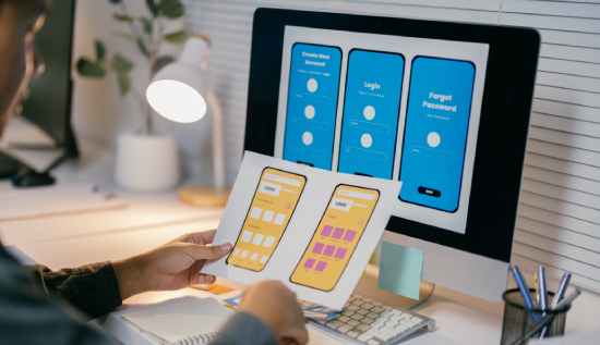 Step-by-step guide illustration for building apps or websites in 2026, showing planning, design, development, and deployment stages.
