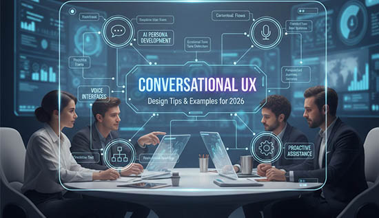 Conversational UX interface showing AI chatbot interactions, design patterns and user flows for 2026.