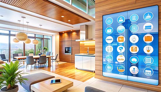 Smart home devices in Cambodia for modern homes with automated lighting, security cameras and smart appliances.
