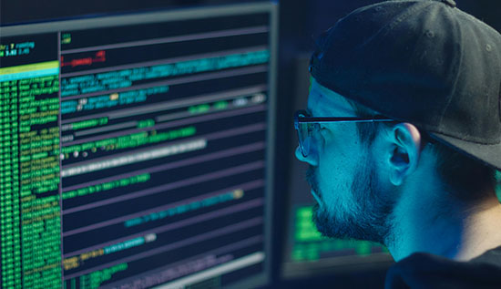 Secure coding practices illustration showing code editor, padlock, and secure software architecture.