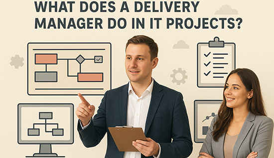 Delivery Manager leading IT project team, overseeing software development, project delivery, and stakeholder communication in a modern office setting.