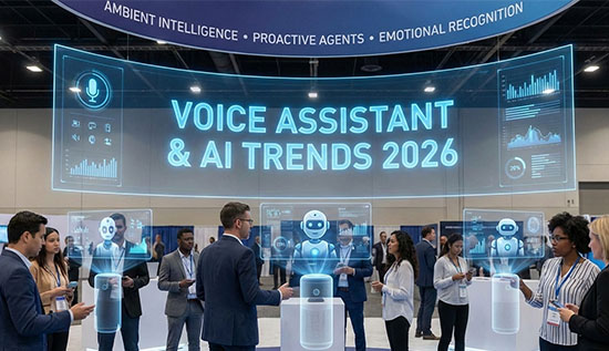 Voice assistant technology powered by AI enabling natural language conversations across smart devices in 2026.