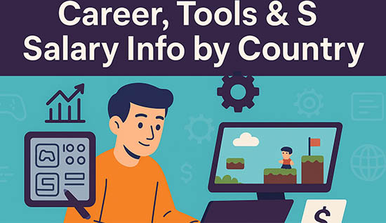 Game Designer at work creating characters and levels, surrounded by design tools, computers, and global salary data charts.