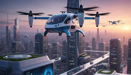 Urban air mobility showcasing futuristic air taxi services flying over a modern city skyline, representing next-gen urban travel innovation.