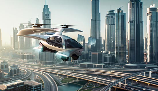Urban air mobility showcasing futuristic air taxi services flying over a modern city skyline, representing next-gen urban travel innovation.