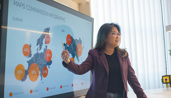 Business Analyst Manager overseeing terminal integration project with data flow charts and team collaboration.