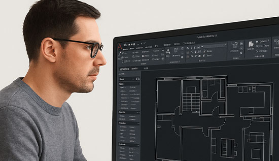 AutoCAD software interface showing architectural floor plan design with tools and features panel.