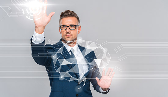 Digital transformation concept with AI, cloud technology, and automation revolutionizing industries.