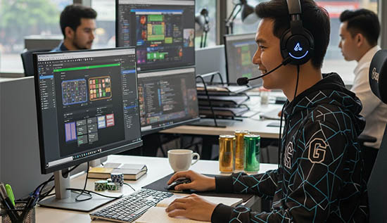 Senior iGaming UI designer working on modern casino game interface in Cambodia office.