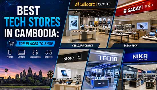 Best tech stores in Cambodia with laptops, smartphones, and electronics on display.