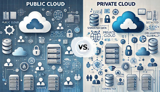 Illustration comparing public cloud and private cloud infrastructure for business decision-making