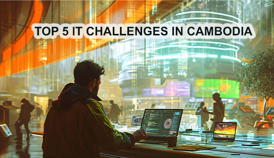 Illustration depicting IT challenges and solutions in Cambodia, including technology infrastructure, skill gaps, and cybersecurity concerns